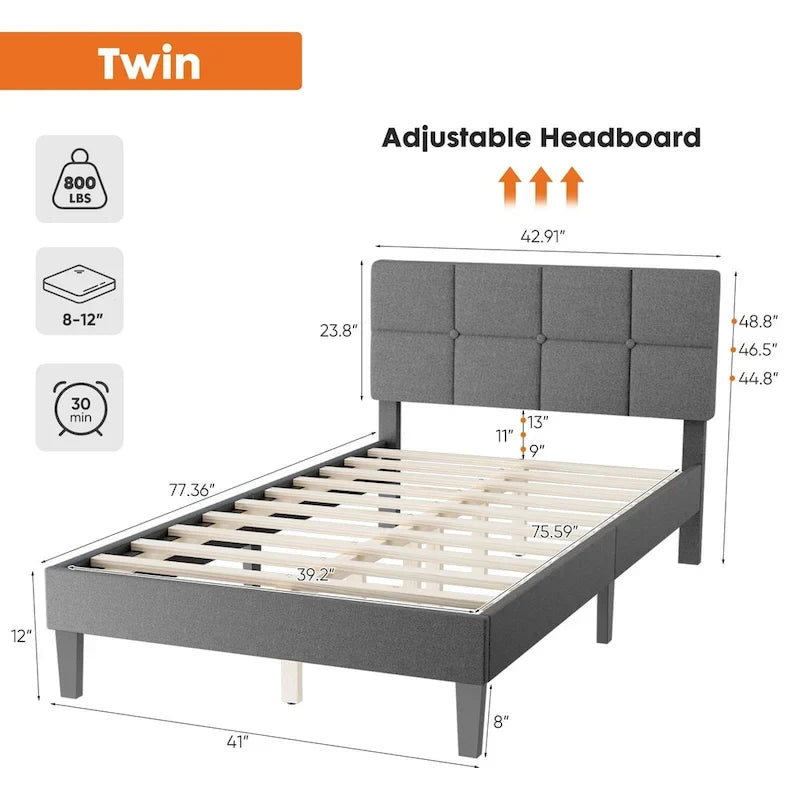 Linen Upholstered Platform Bed with Adjustable Headboard