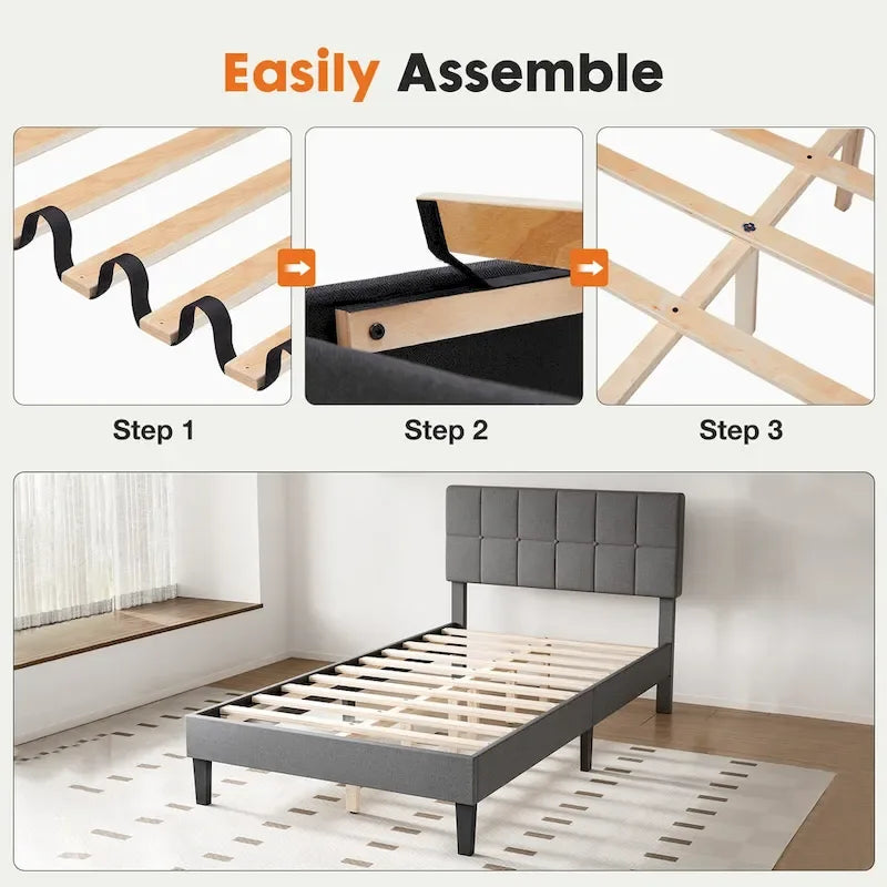 Linen Upholstered Platform Bed with Adjustable Headboard