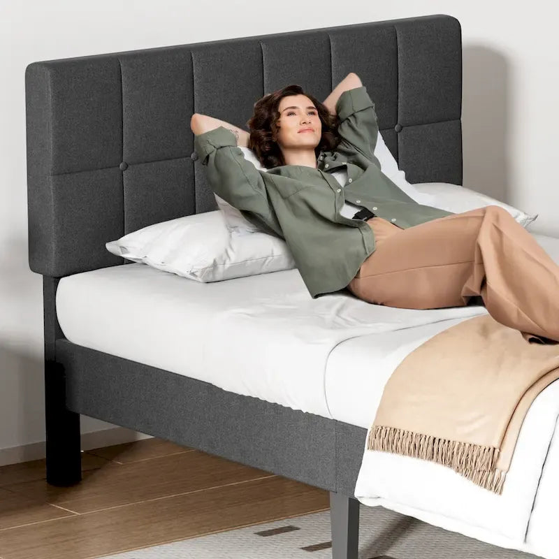 Linen Upholstered Platform Bed with Adjustable Headboard