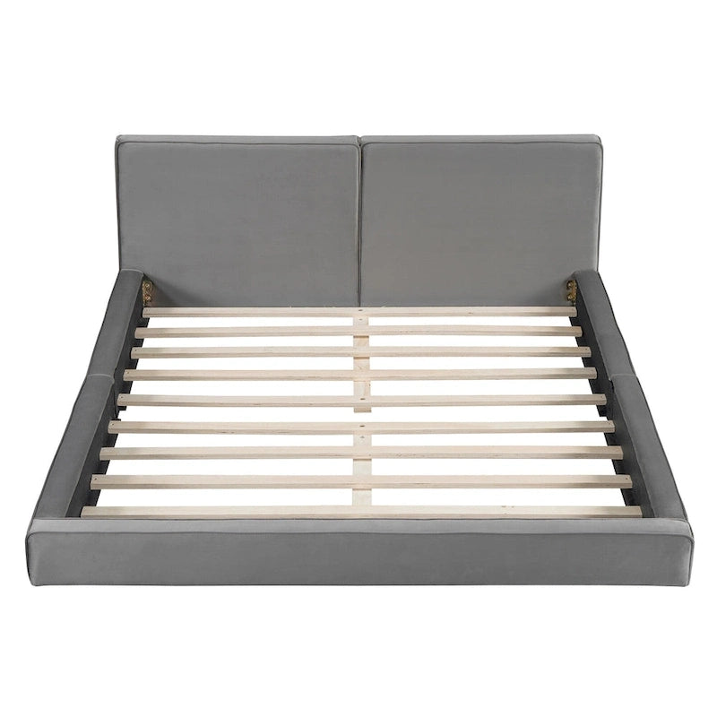 Gray Queen Size Upholstered Bed with Velvet Fabric