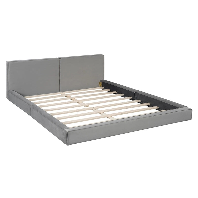 Gray Queen Size Upholstered Bed with Velvet Fabric