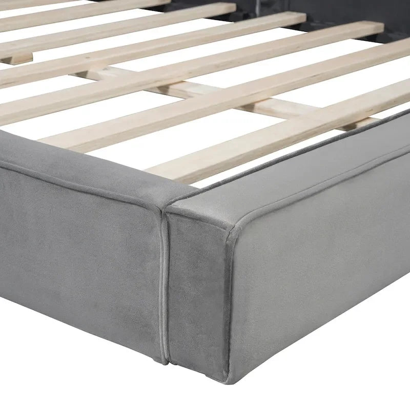 Gray Queen Size Upholstered Bed with Velvet Fabric
