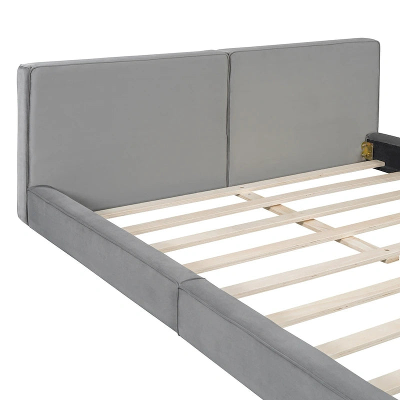 Gray Queen Size Upholstered Bed with Velvet Fabric