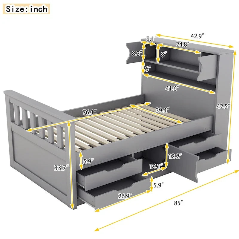 Gray Twin Size Captain Platform Bed with Four Drawers, Storage Bookcases and Shelves