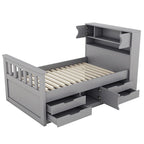 Gray Twin Size Captain Platform Bed with Four Drawers, Storage Bookcases and Shelves