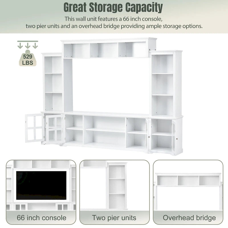 Entertainment Wall Unit with Bridge, Tempered Glass Doors for TVs Up to 70
