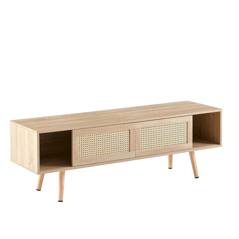 55.12 TV Stand with Double Sliding Doors, Solid Wood Legs and Adjustable Shelf for Living Room