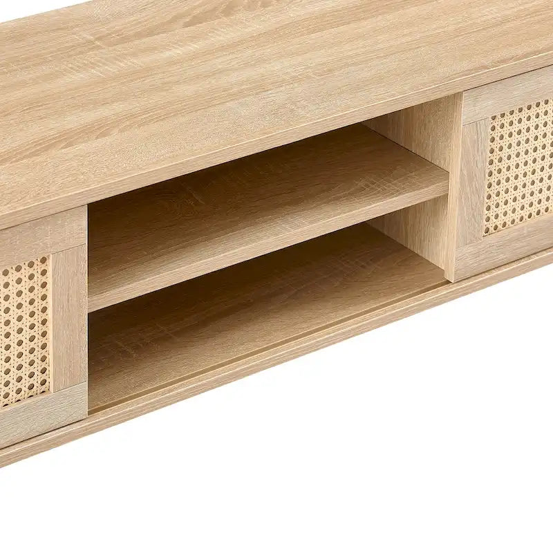55.12 TV Stand with Double Sliding Doors, Solid Wood Legs and Adjustable Shelf for Living Room