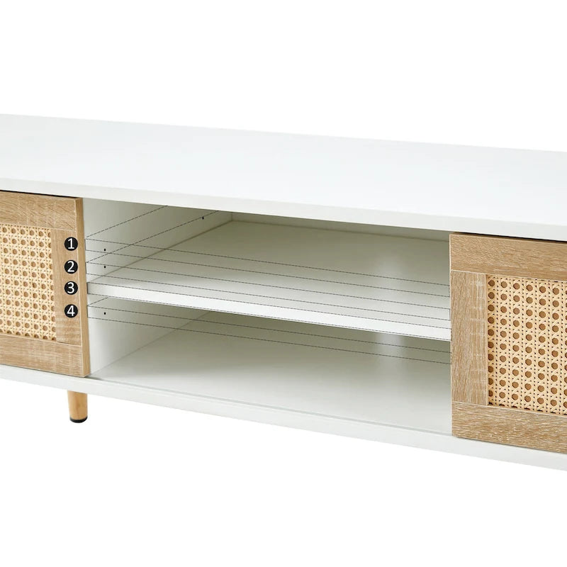 55.12 TV Stand with Double Sliding Doors, Solid Wood Legs and Adjustable Shelf for Living Room