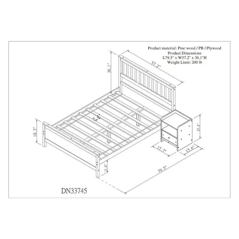 Grey Pine Wood Full Bed with Slatted Headboard and Footboard - No Box Spring Required, Includes Nightstand