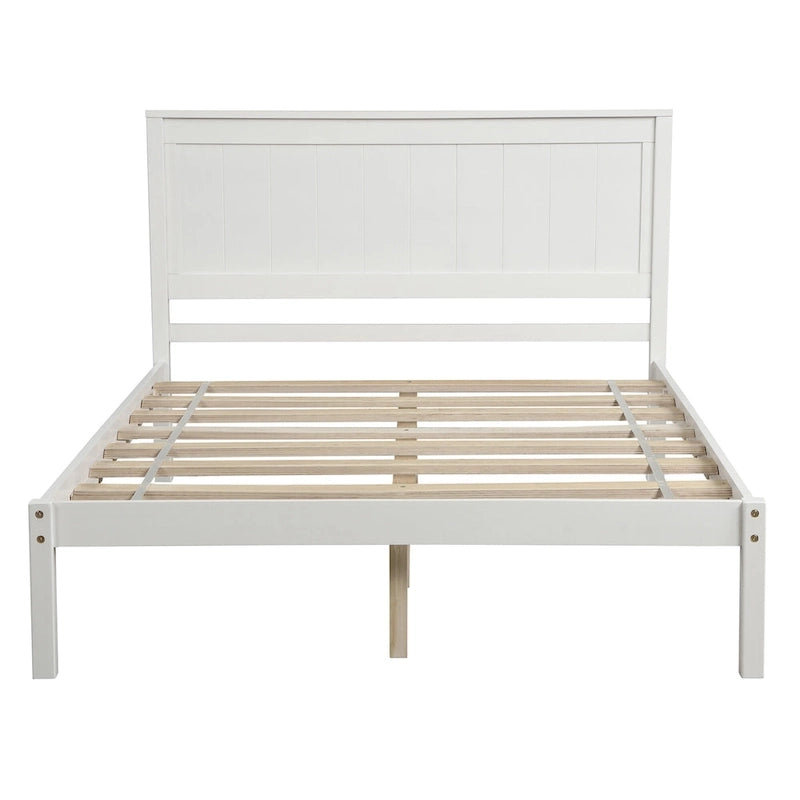 White Full Pine Platform Bed Frame with Headboard - Space-Saving Storage Design