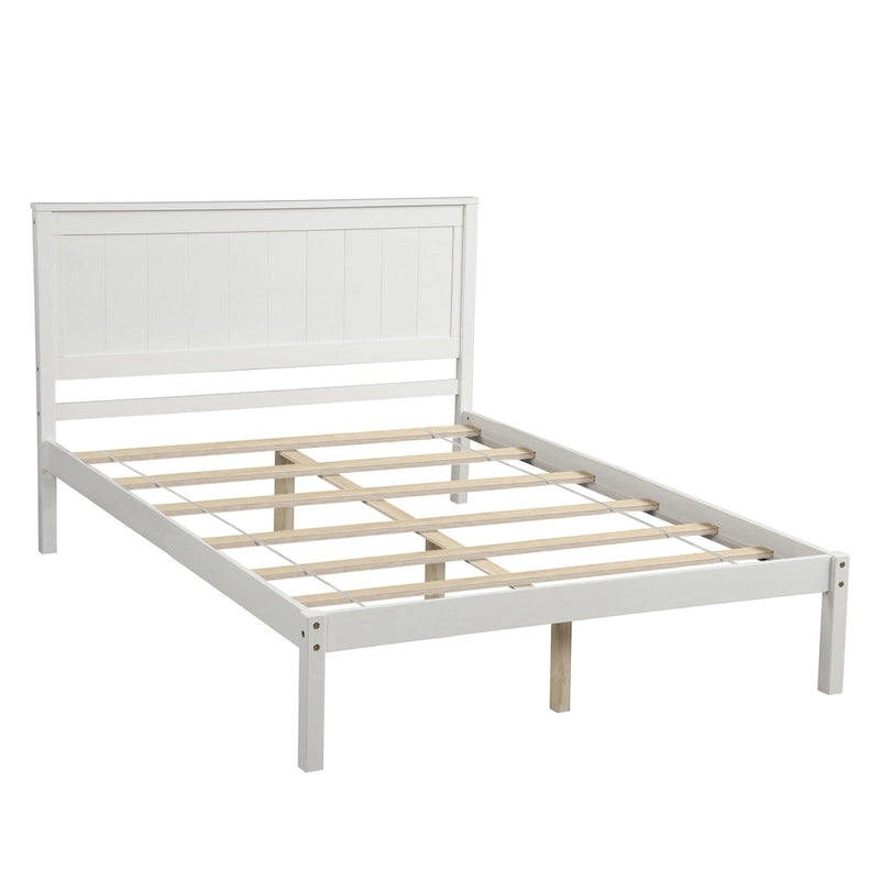 White Full Pine Platform Bed Frame with Headboard - Space-Saving Storage Design