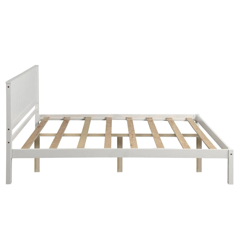 White Full Pine Platform Bed Frame with Headboard - Space-Saving Storage Design