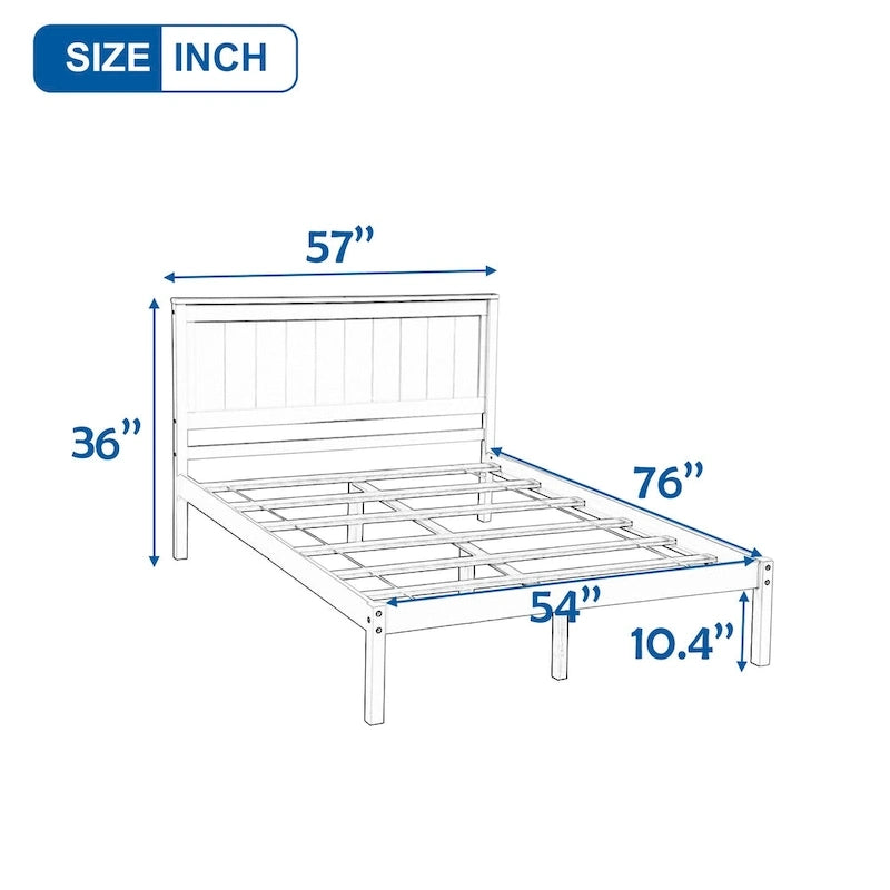 White Full Pine Platform Bed Frame with Headboard - Space-Saving Storage Design
