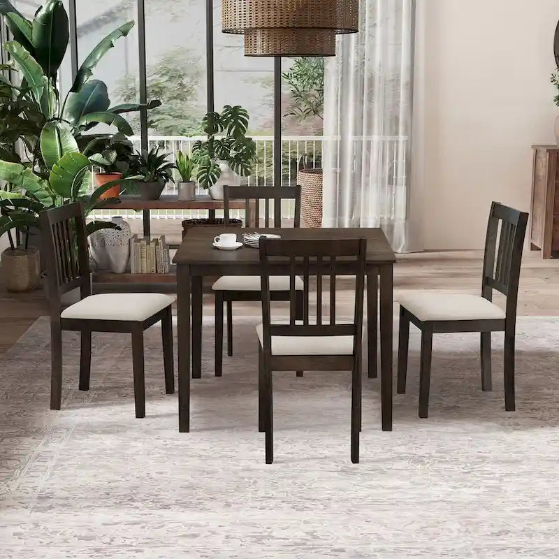 Modern 5-Piece Dining Set with Square Table & 4 Slat Back Upholstered Chairs