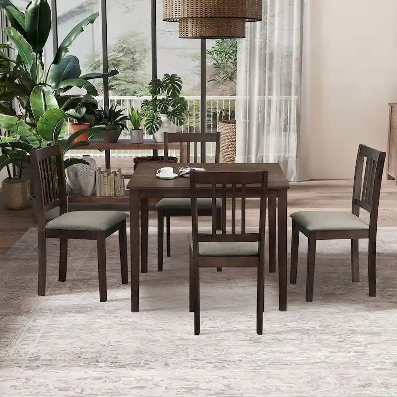 Modern 5-Piece Dining Set with Square Table & 4 Slat Back Upholstered Chairs