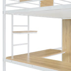 White Twin Size Metal Wood Loft bed with L-shape Desk, Wardrobe, Fence and Ladder