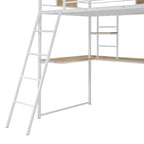 White Twin Size Metal Wood Loft bed with L-shape Desk, Wardrobe, Fence and Ladder