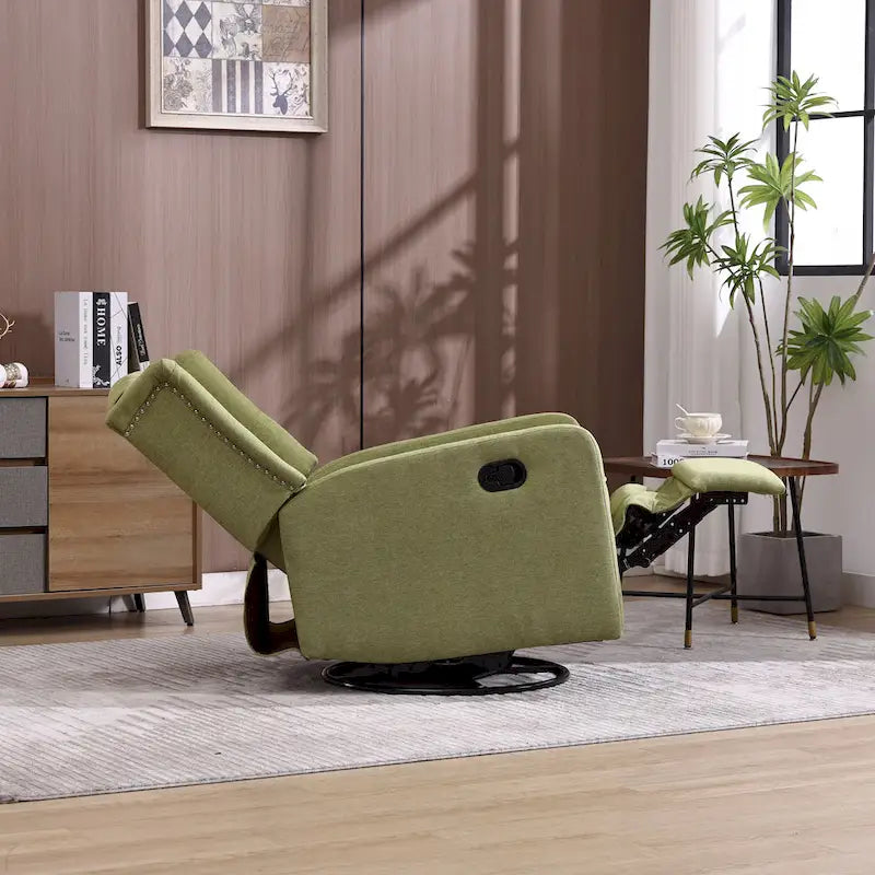 Olive Green Linen 360 Swivel Glider Rocker Manual Recliner with Button-tufted Backrest and Footrest for Living Room, Bedroom