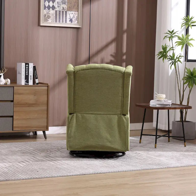 Olive Green Linen 360 Swivel Glider Rocker Manual Recliner with Button-tufted Backrest and Footrest for Living Room, Bedroom