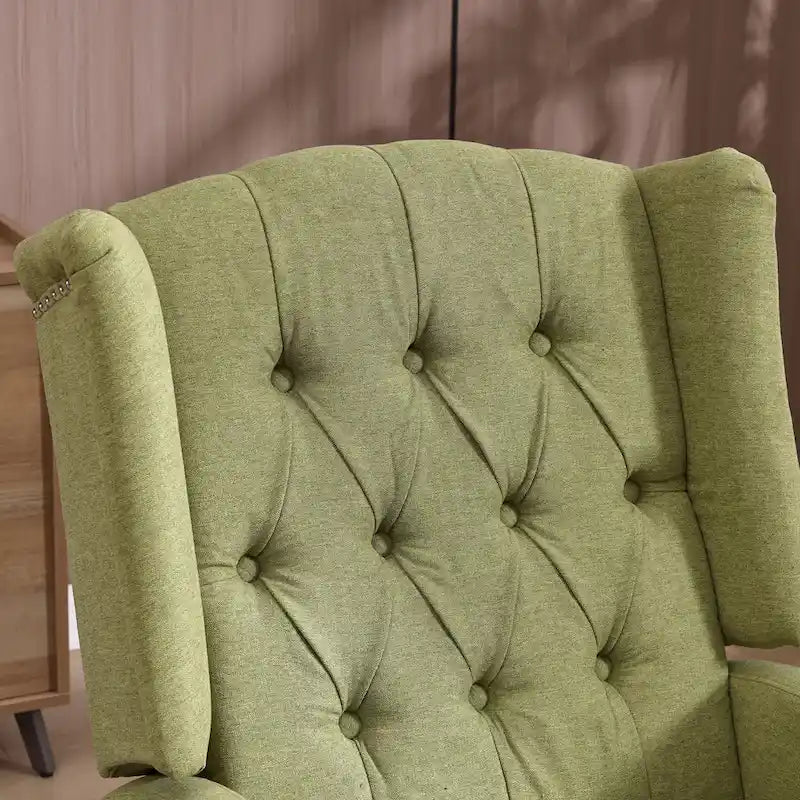 Olive Green Linen 360 Swivel Glider Rocker Manual Recliner with Button-tufted Backrest and Footrest for Living Room, Bedroom