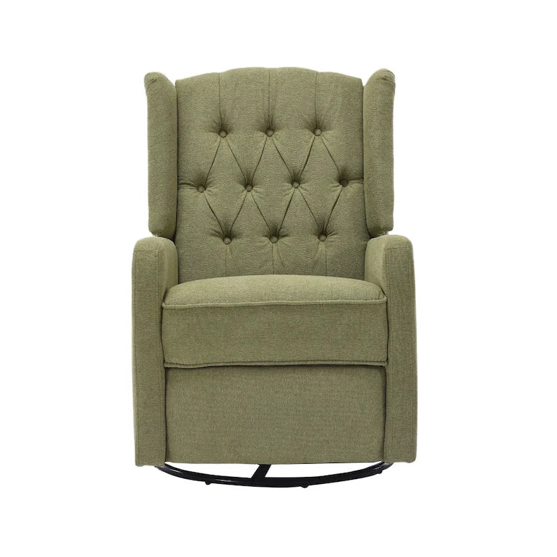 Olive Green Linen 360 Swivel Glider Rocker Manual Recliner with Button-tufted Backrest and Footrest for Living Room, Bedroom