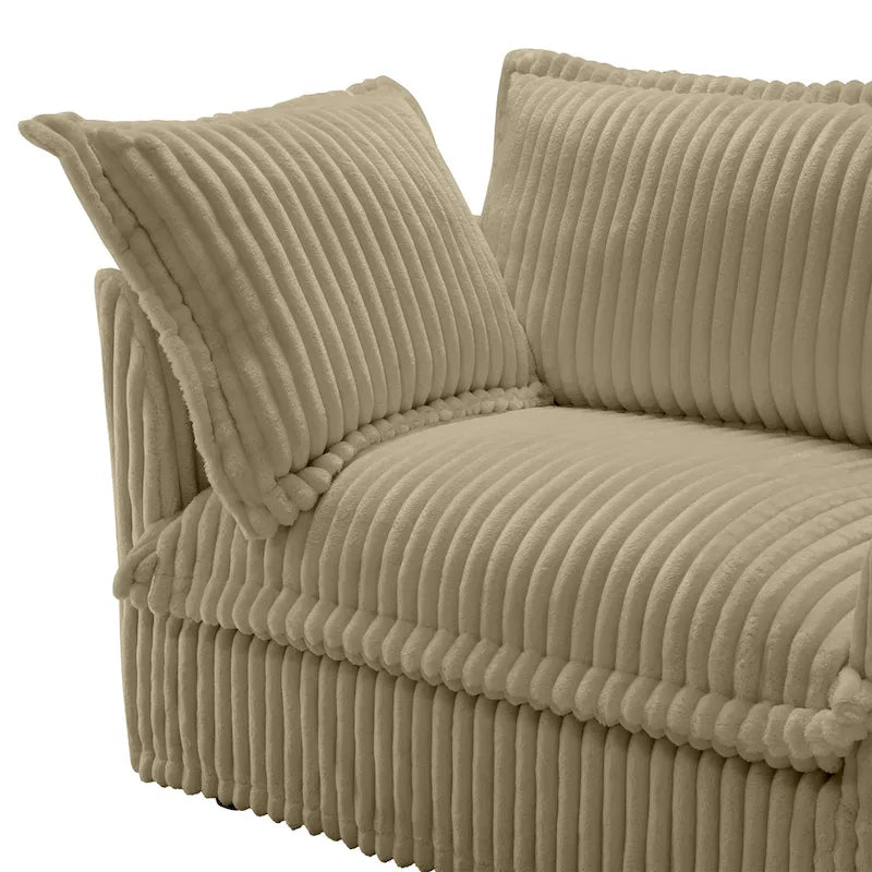Corduroy Slipcovered L-Shaped Sectional Sofa with Deep Seats, 4-Seater Couch with Supple Armrests and 2 Big Pillows