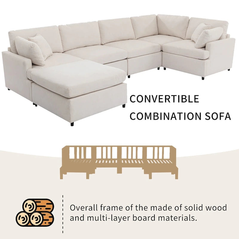 100.4 Spacious U-Shape 6 Seater Sectional Sofa with Removable Ottomans and Pillow, Flexible Configuration