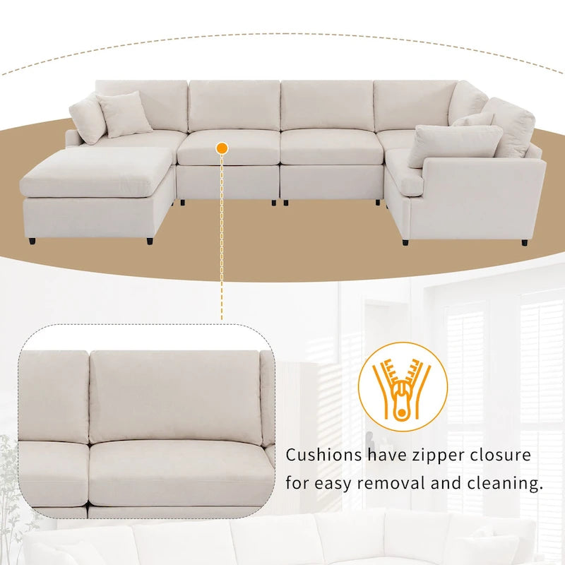 100.4 Spacious U-Shape 6 Seater Sectional Sofa with Removable Ottomans and Pillow, Flexible Configuration