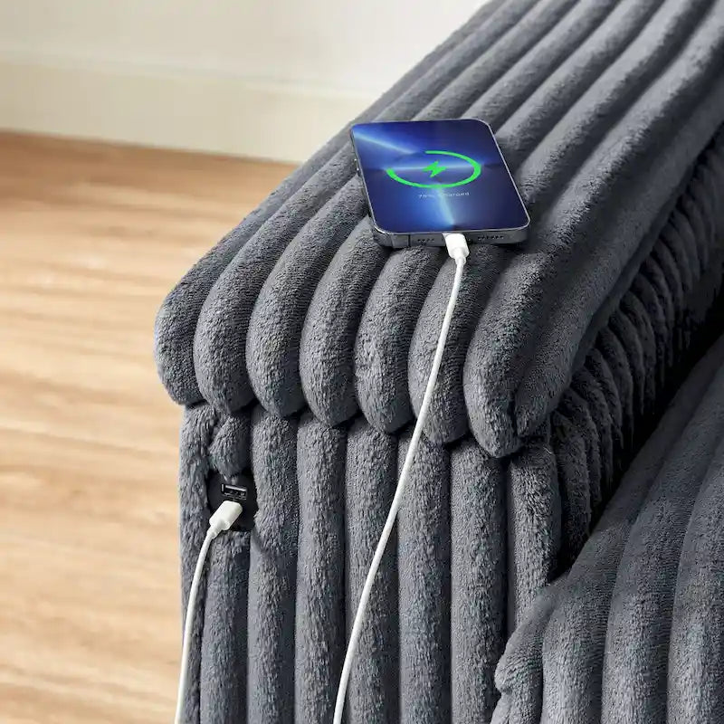 Dark Grey 71 Fabric Loveseat Sofa with Square Storage Armrest and USB port for Living Room