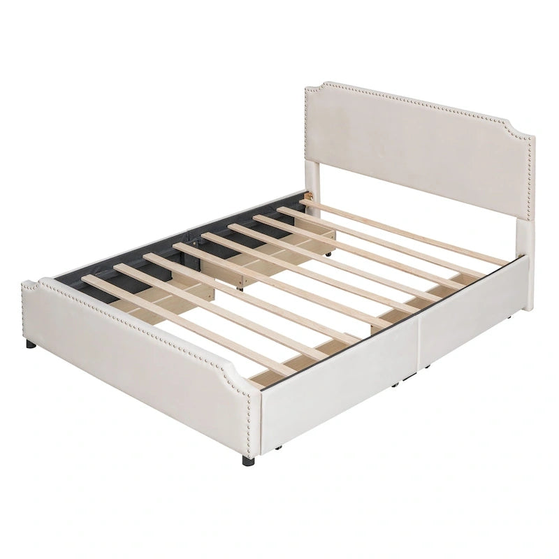 Velvet Queen Platform Bed with 4 Drawers & Nailhead Trim