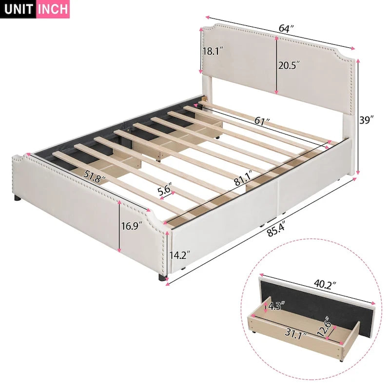 Velvet Queen Platform Bed with 4 Drawers & Nailhead Trim