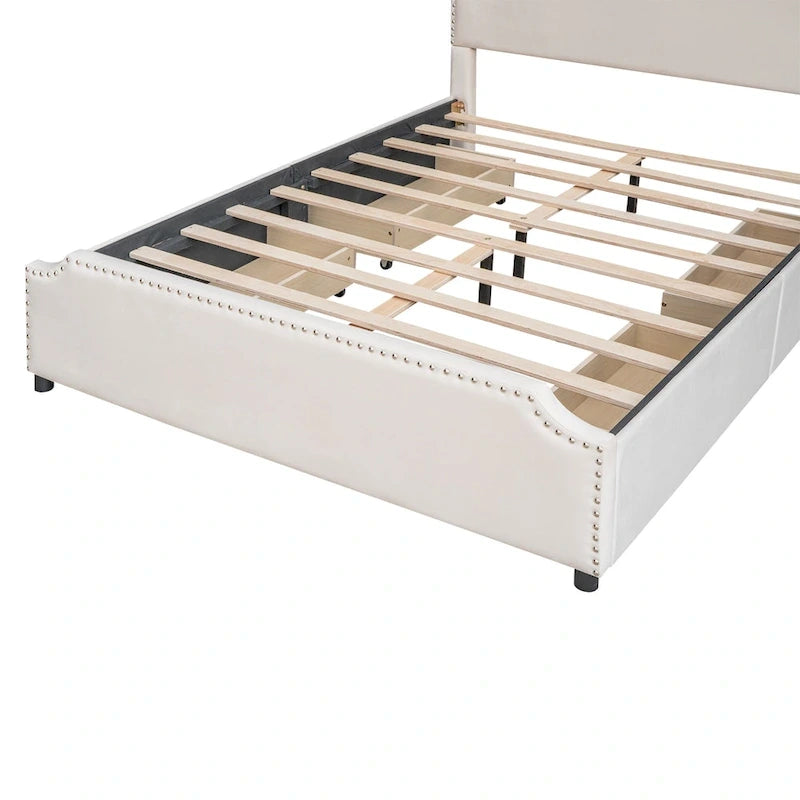 Velvet Queen Platform Bed with 4 Drawers & Nailhead Trim