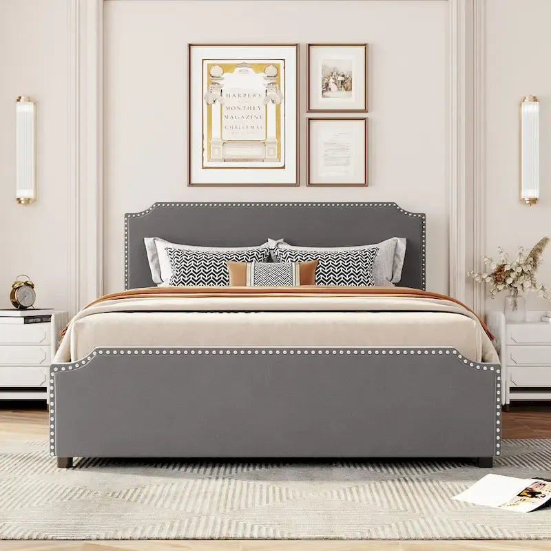 Velvet Queen Platform Bed with 4 Drawers & Nailhead Trim
