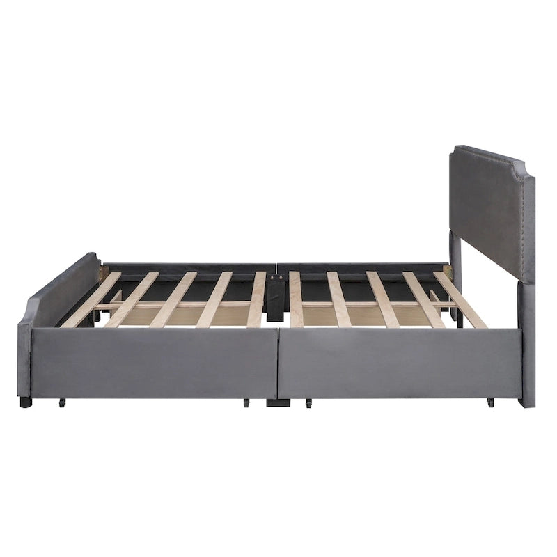 Velvet Queen Platform Bed with 4 Drawers & Nailhead Trim