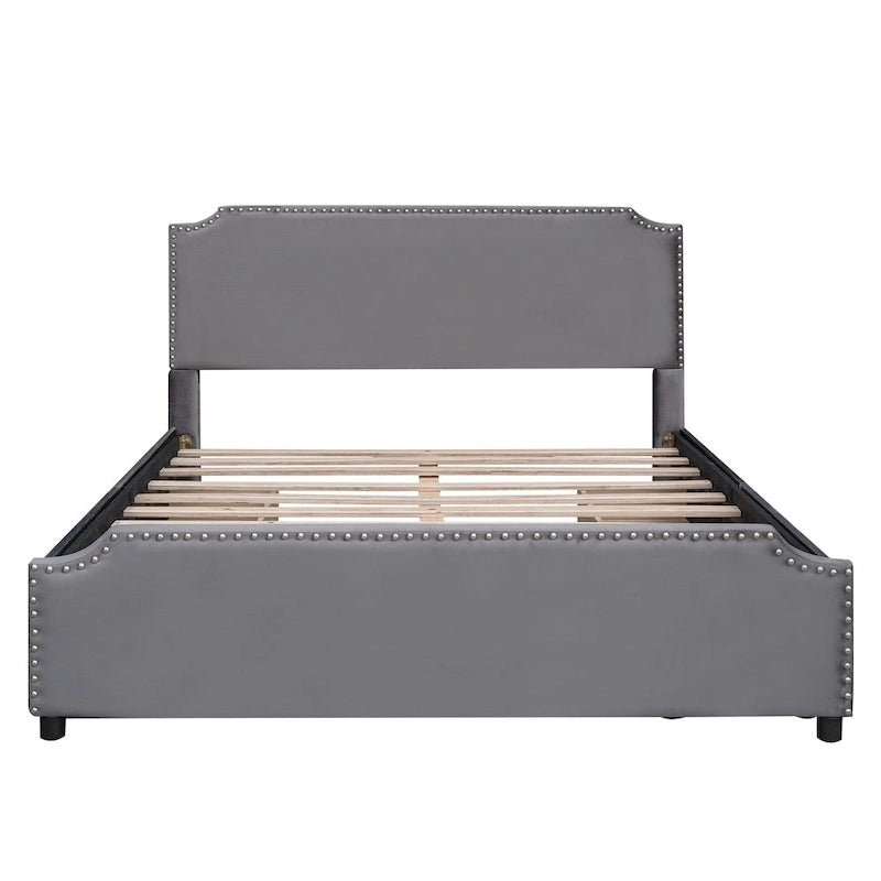 Velvet Queen Platform Bed with 4 Drawers & Nailhead Trim