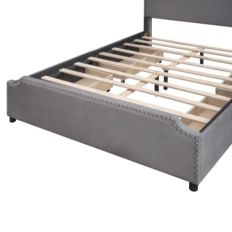 Velvet Queen Platform Bed with 4 Drawers & Nailhead Trim