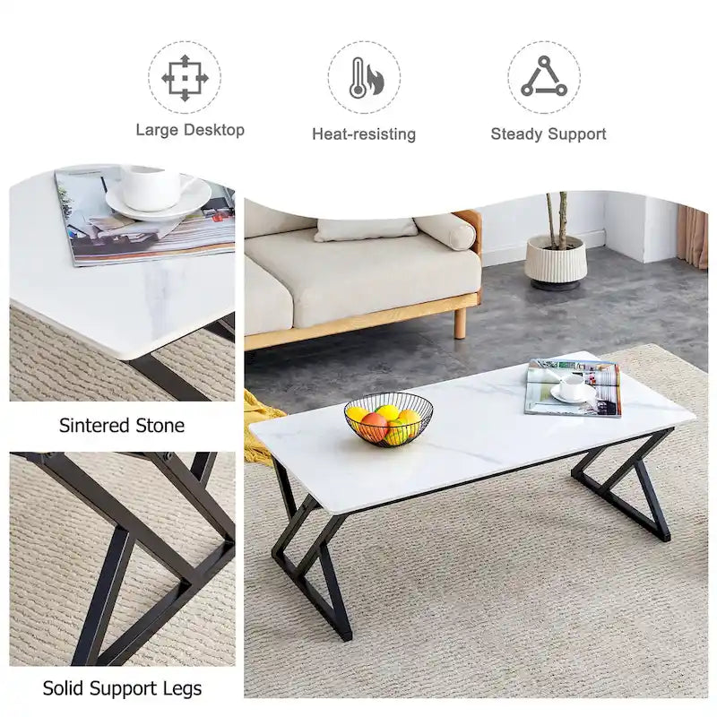 47 Modern Rectangular Coffee Table with Sintered Stone Tabletop and X-shaped Metal Legs