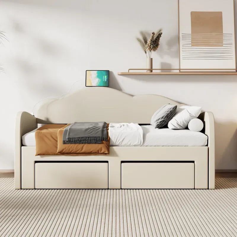 Twin Cloud Velvet Daybed with Trundle, Drawers, and USB