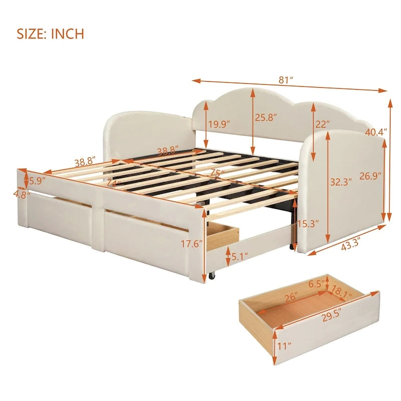 Twin Cloud Velvet Daybed with Trundle, Drawers, and USB