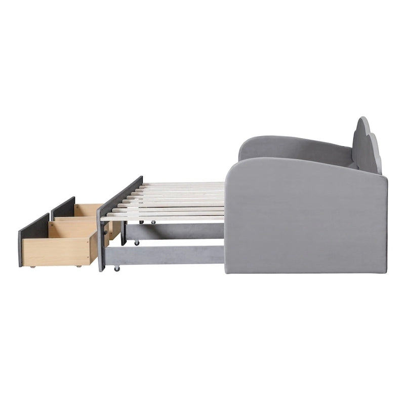 Twin Cloud Velvet Daybed with Trundle, Drawers, and USB