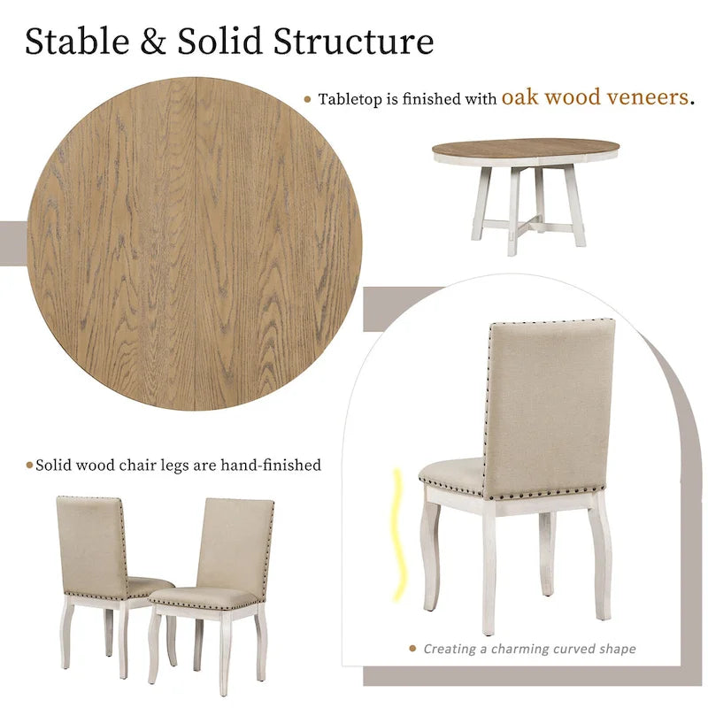 5-Piece Wooden Dining Table Set with Extendable Round Table & 4 Chairs