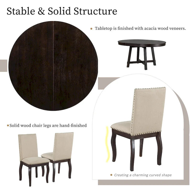 5-Piece Wooden Dining Table Set with Extendable Round Table & 4 Chairs