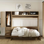 Wood Full Size Murphy Bed with Wardrobe, Drawers & Shelves