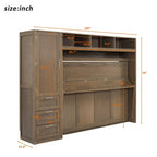 Wood Full Size Murphy Bed with Wardrobe, Drawers & Shelves