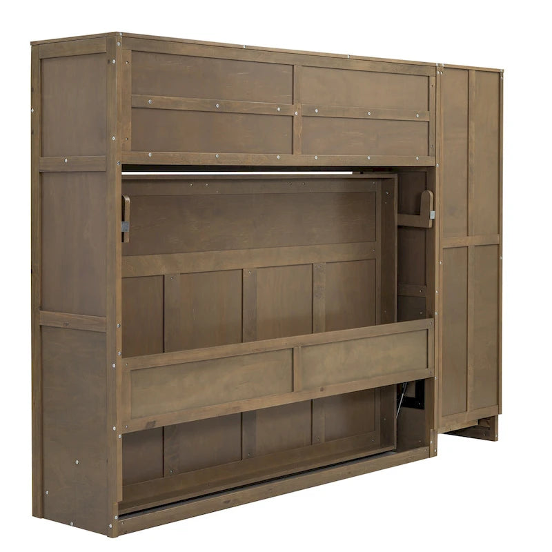 Wood Full Size Murphy Bed with Wardrobe, Drawers & Shelves