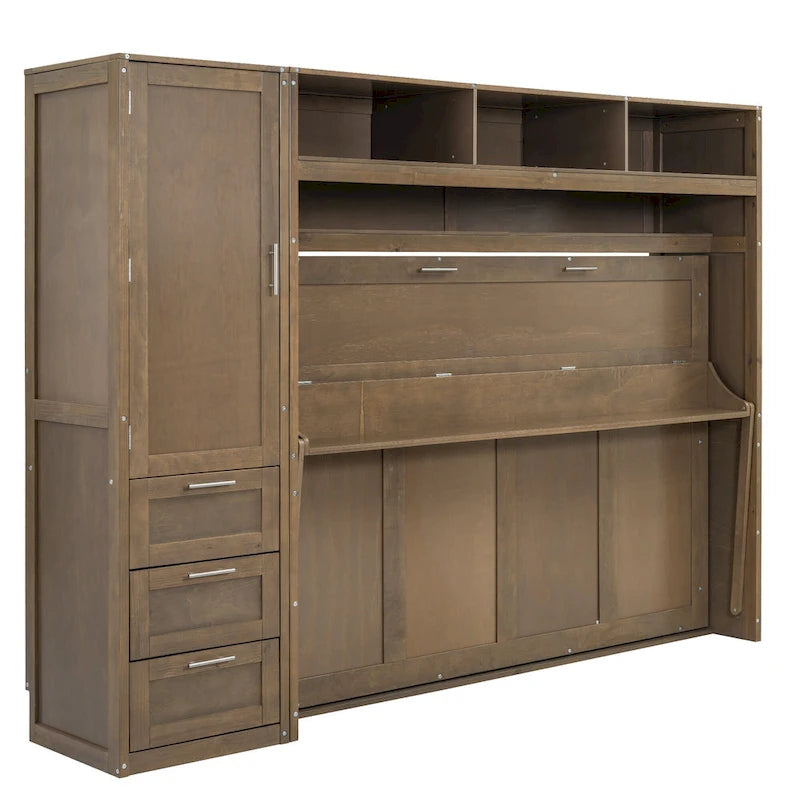 Wood Full Size Murphy Bed with Wardrobe, Drawers & Shelves
