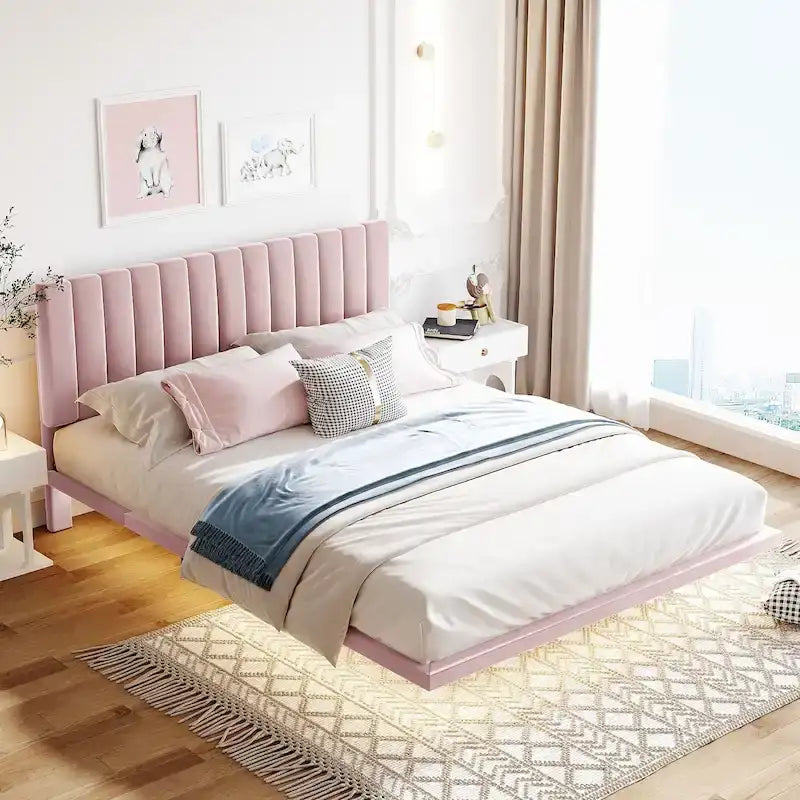 Queen Velvet Floating Bed with Sensor Light and Tufted Headboard