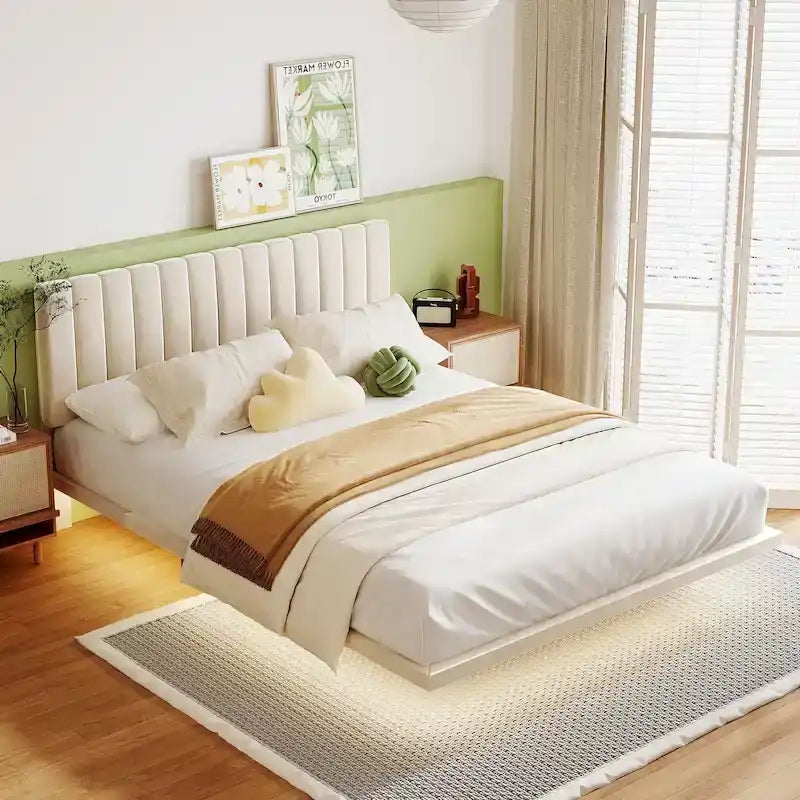 Queen Velvet Floating Bed with Sensor Light and Tufted Headboard