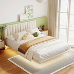 Queen Velvet Floating Bed with Sensor Light and Tufted Headboard